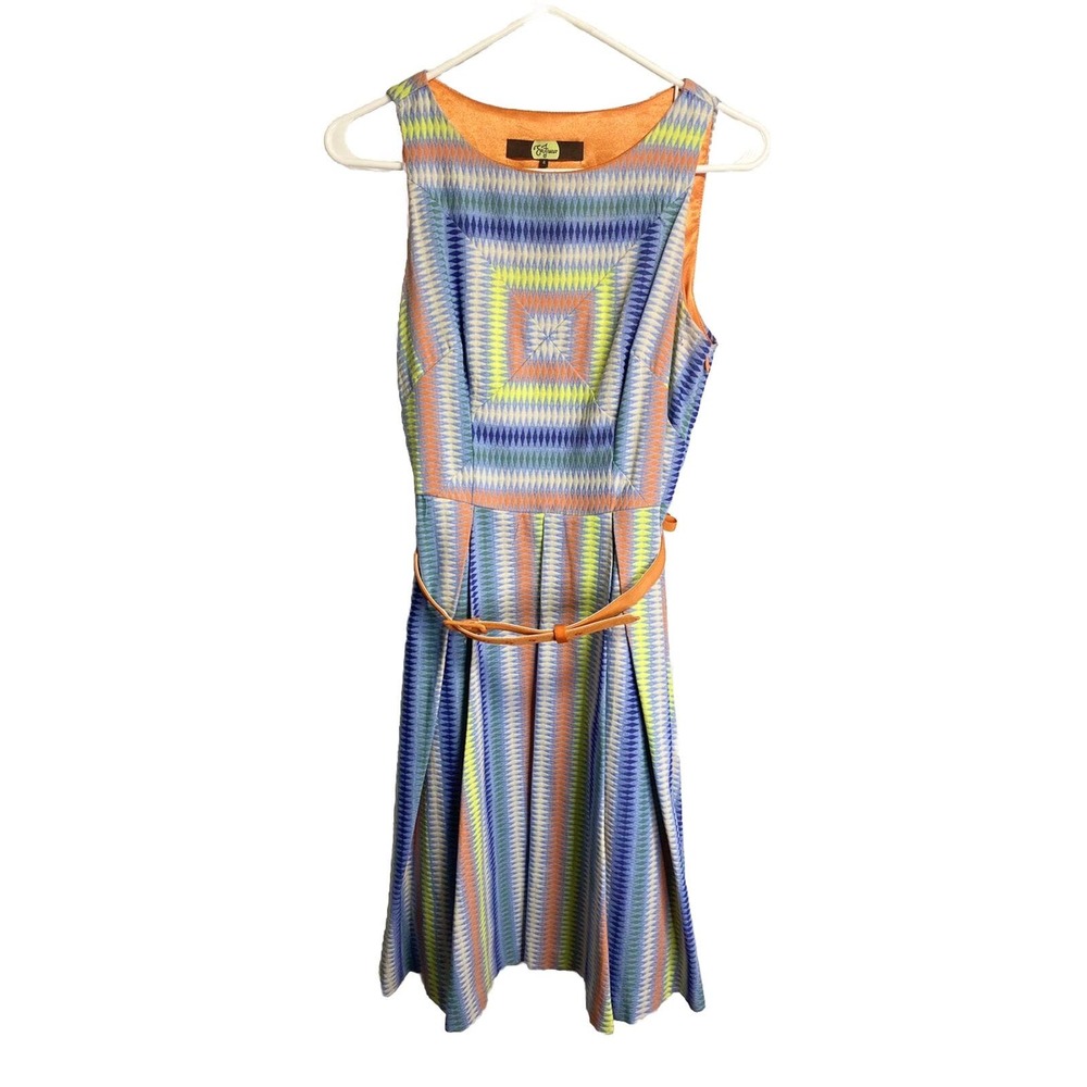 Eva Franco Womens Colorful Retro Psychedelic Belted Fit And Flare Dress 4 - Picture 1 of 4